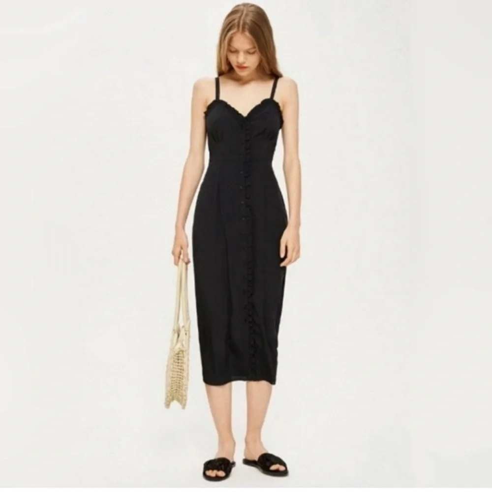 Topshop Black Ruffle Button Front Midi Dress NWT Size US 6
